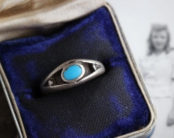 Vintage Navajo Turquoise Inlay Ring Early Old Pawn Native American Flush inlay turquoise Sterling Silver Turquoise Shadowbox ring sz 7