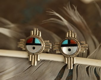 Vintage Zuni Sunface Earrings | Sterling Silver Inlay Studs | Turquoise Coral Jet Shell | Native American Zia Symbol Post Earrings | Multi