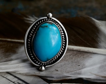 Vintage Navajo Kingman Turquoise Ring Large Sterling Silver Round Big Turquoise Ring Native American Twisted Rope Turquoise Ring Sz 4.5