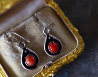 Vintage Navajo Coral Earrings | Sterling Shadowbox Drops | Southwest Teardrop Jewelry | Boho Desert Vibe | Native American Silver | mcm
