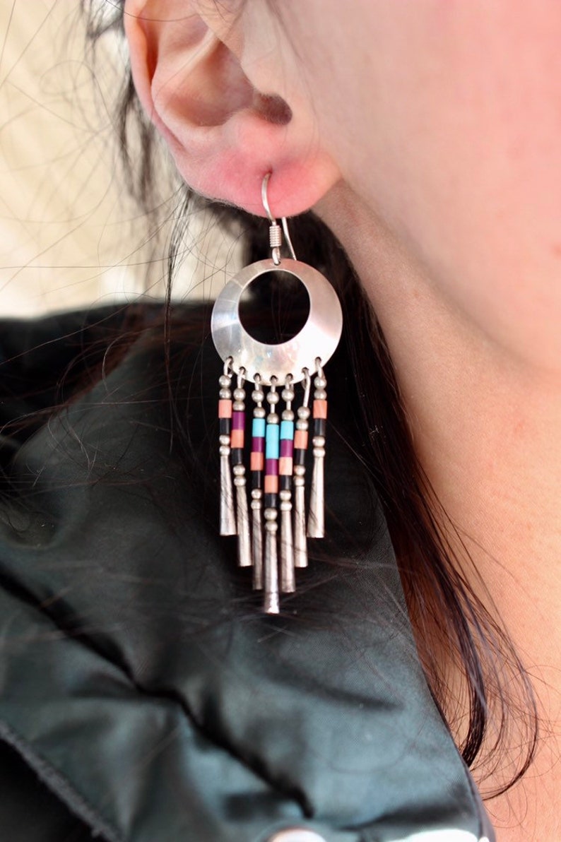 Huge Vintage Native American Sterling Silver Navajo Multi-stone Fringe Concho Dangle Southwestern Earrings