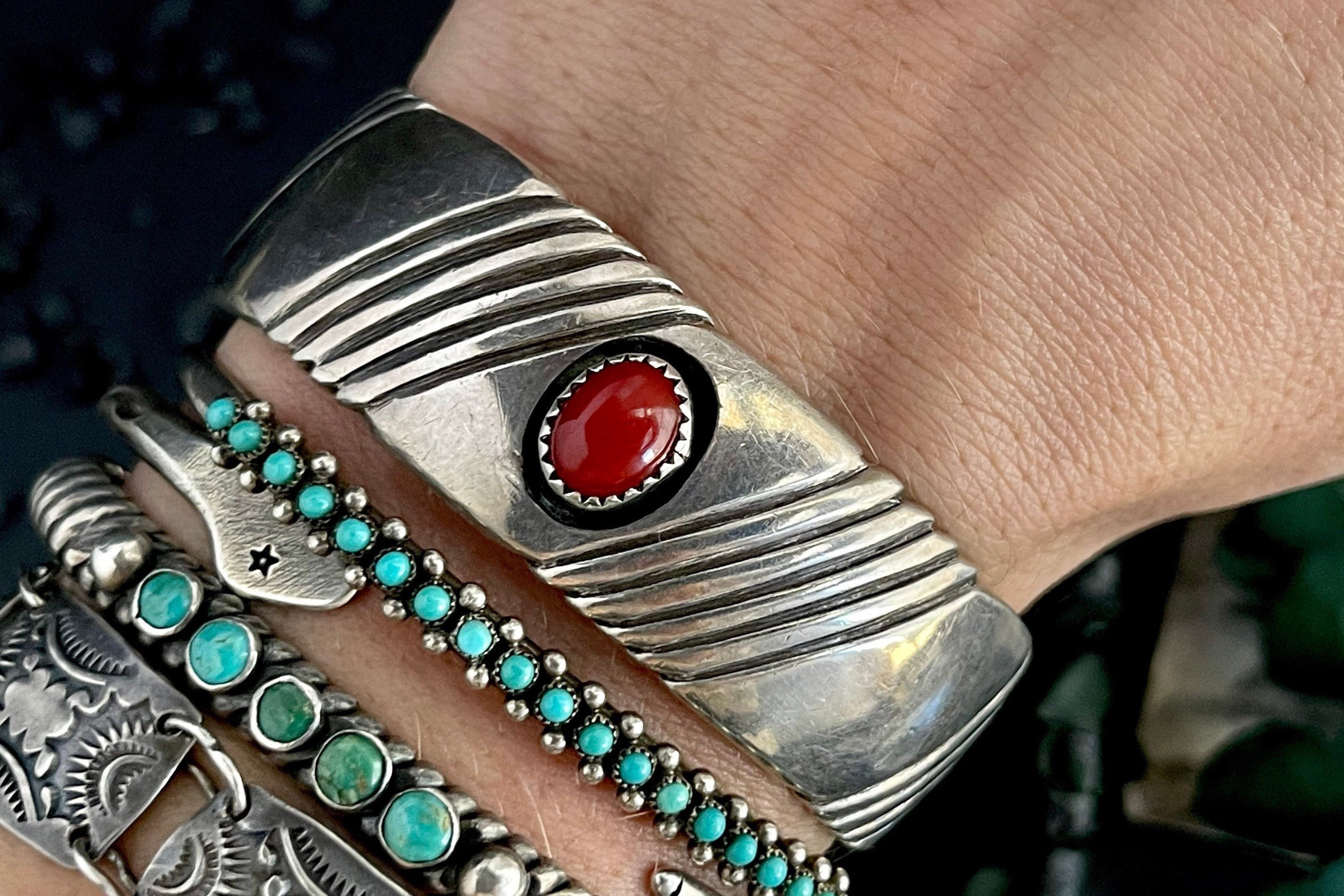 Thick And Heavy!! Vintage Native American Navajo Coral Sterling Silver Bracelet Old Thick And Heavy!! Vintage Native American Navajo Coral Sterling Silver Bracelet Old