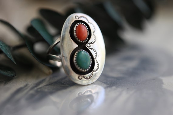 Vintage Navajo Turquoise coral Shadowbox Ring Nat… - image 8