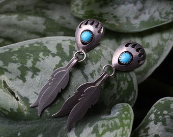 Vintage Navajo Turquoise Shadowbox Bear paw Feather Dangle Earrings Southwestern Sterling Silver Snake Eye Turquoise Bear Dangle Earrings