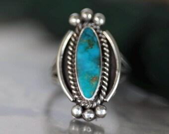 Vintage Fred Harvey Era Navajo Turquoise Ring | Elongated Navette Shape | Sterling Silver Split Shank | Size 7 Southwest Boho Gem