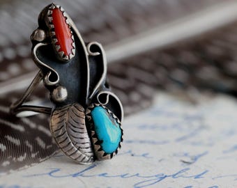 Vintage Navajo Turquoise + Coral Ring Native American Sterling Silver double stone turquoise red coral feather southwestern ring Sz 6.75