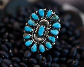 Vintage Navajo Turquoise Cluster Ring Huge Turquoise Petit point Turquoise Ring Southwestern Sterling Silver Native American Cluster ring