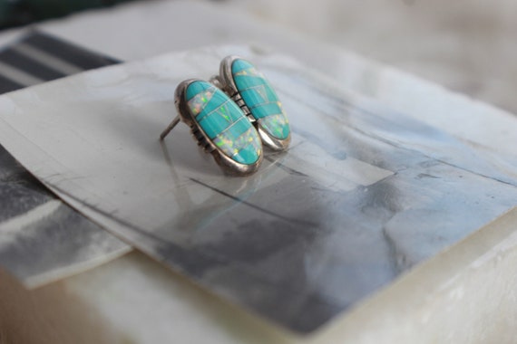 Vintage Zuni Turquoise and Opal Mosaic Inlay  Ear… - image 5