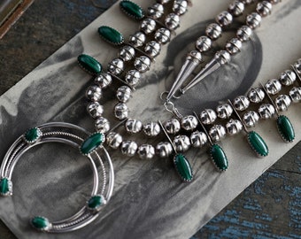 Vintage Navajo Squash Blossom Necklace green malachite Native American squash blossom Necklace malachite squash blossom