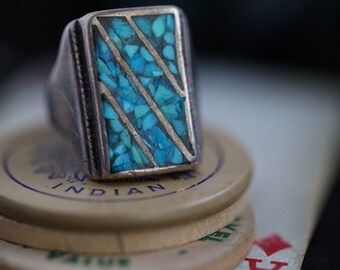 Huge Old Pawn Crushed Turquoise Channel inlay Navajo Turquoise Ring  Rectangular Flush inlay Mens Unisex Heavy Wide Band ring sz 8.25