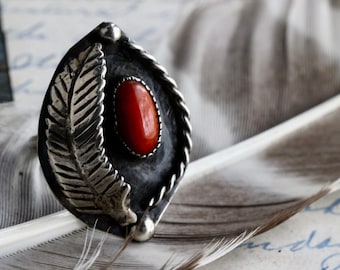 Vintage Navajo Coral Feather Ring Vintage Red Coral Ring Sterling Silver Feather Appliqué large Native American Coral southwestern Ring Sz 6