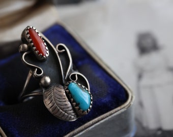 Vintage Navajo Turquoise + Coral Ring Native American Sterling Silver double stone turquoise red coral feather southwestern ring Sz 6.75