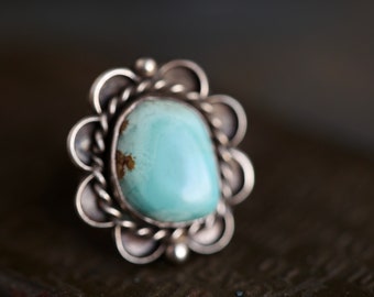 Vintage Navajo Turquoise Ring Sterling Silver Native American Turquoise Silver Beaded Nevada Turquoise Flower Ring Southwestern Ring sz 5