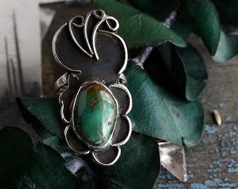 Vintage Navajo Royston Turquoise Ring Large Southwestern Early Native American Elongated Sterling Silver Turquoise Flower Ring Sz 6.5