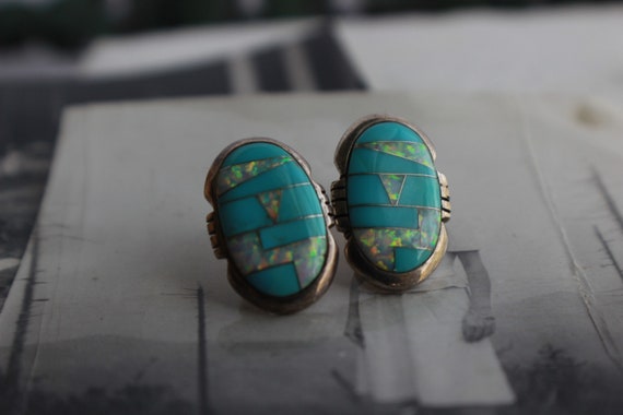 Vintage Zuni Turquoise and Opal Mosaic Inlay  Ear… - image 9