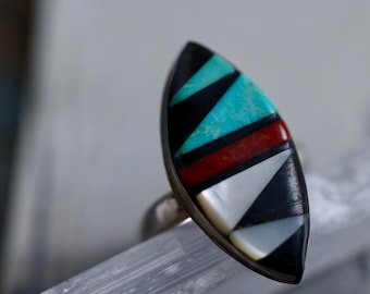 Vintage Zuni Multistone inlay ring Sterling Silver mosaic inlay ring  Native American Southwestern Zuni Multi-Stone Ring multicolored ring
