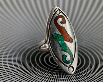 Huge Old Pawn Turquoise Coral Chip inlay Ring Vintage Navajo Elongated Turquoise and Coral Chip Flush inlay crushed turquoise ring sz 8