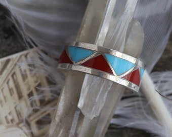 Vintage Zuni Turquoise and coral inlay ring chevron flush inlay ring Coral turquoise Channel inlay southwestern Native American Ring