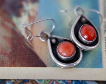 Vintage Navajo Coral Earrings | Sterling Shadowbox Drops | Southwest Teardrop Jewelry | Boho Desert Vibe | Native American Silver | mcm