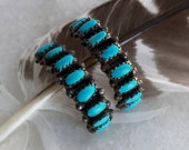 Large Old Pawn Vintage Zuni Petit Point Turquoise Hoop Post Earrings Sterling Silver Statement Native American Turquoise Hoop Earrings