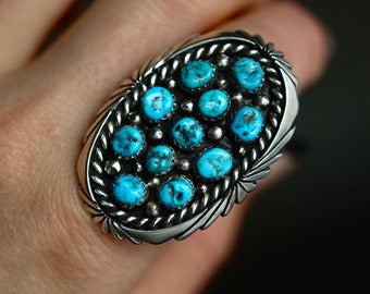 Vintage HUGE Navajo Turquoise Cluster Ring Kingman turquoise Petit point ring Turquoise Ring Southwestern Sterling Silver Native American