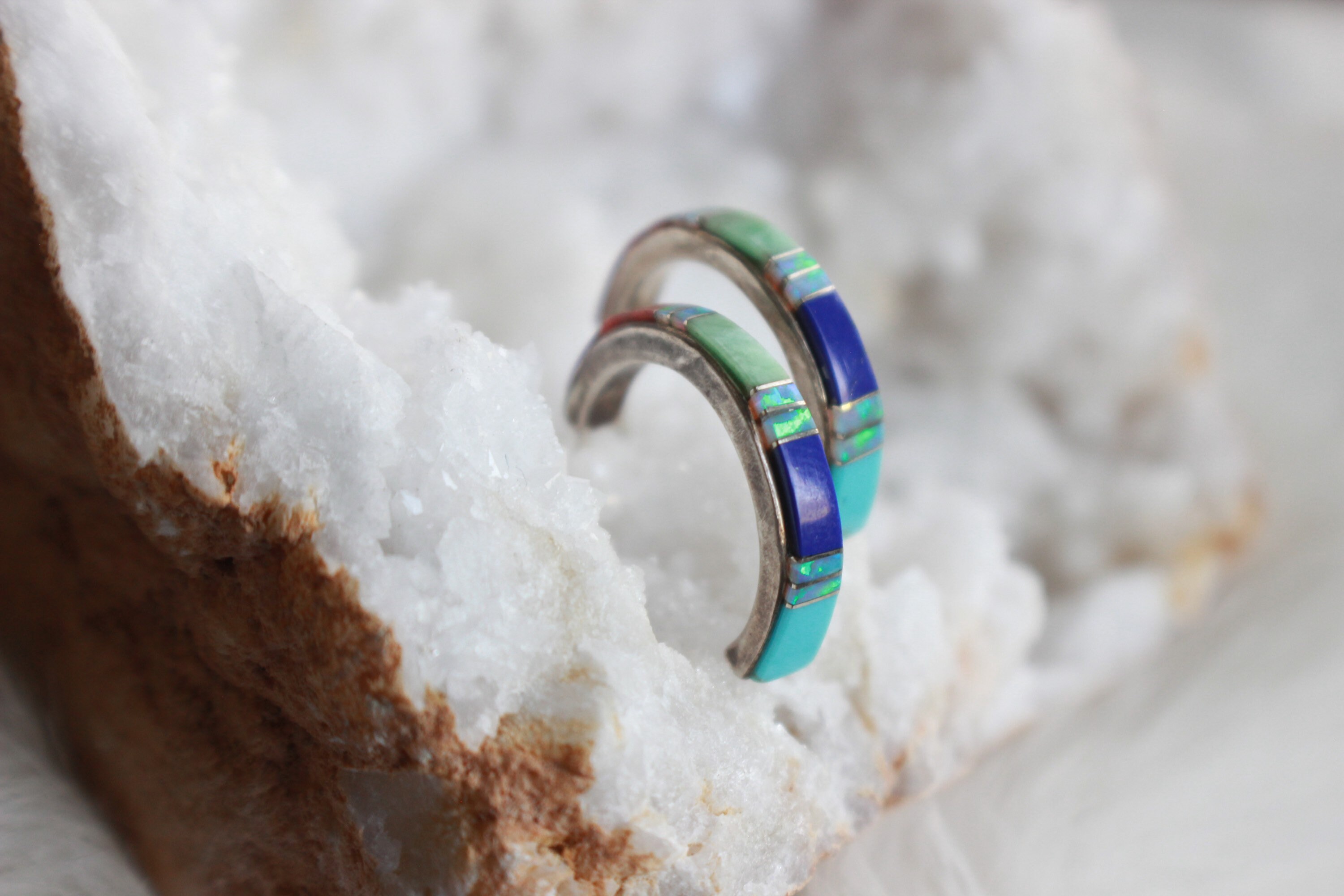 Vintage Zuni Multi Sone Channel Inlay Hoop Earrings Native American ...