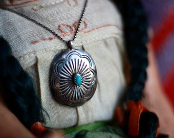 Vintage Navajo Turquoise Silver Concho Hand stamped sterling silver southwestern Native American old pawn Concho pendant 16” Necklace