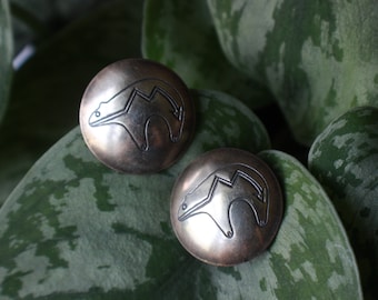 Vintage Navajo Spirit Line Bear Hand Stamped Sterling Silver Concho Post Earrings Native American Southwestern Bear Concho earrings