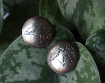 Vintage Navajo Spirit Line Bear Hand Stamped Sterling Silver Concho Post Earrings Native American Southwestern Bear Concho earrings