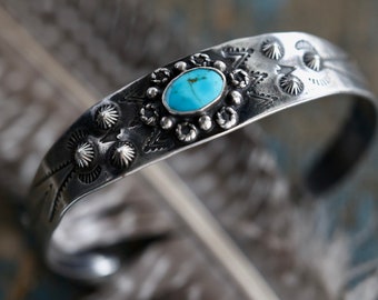 Vintage Old Pawn Fred Harvey Era Turquoise Stamped Repousse cuff early Navajo Cerillos turquoise Native American 1930s silver Turquoise Cuff