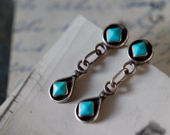 Vintage Zuni Earrings | Turquoise Inlay Shadowbox Dangle Studs | Sterling Silver Native American Turquoise | Turquoise Stone Dangle Earrings
