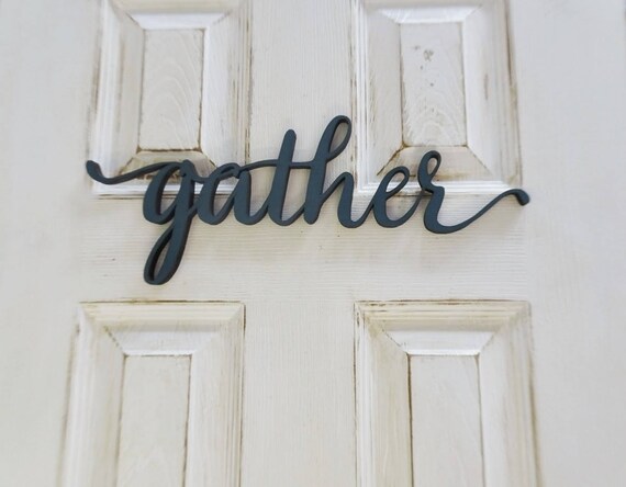 Gather Script Word Wood Sign, Wooden words, Sign Art, Rustic Cursive Word, Room Decoration, Wall hanging, Laser Cut Unfinished Wood #1018
