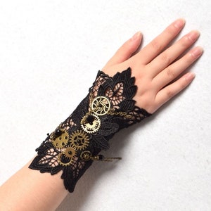 Vintage Steampunk Goth Chain & Gears Black Lace Glove Bracelet