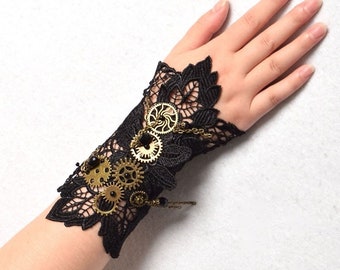 Vintage Steampunk Goth Chain & Gears Black Lace Glove Bracelet