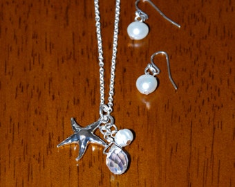 18" Silver Tone White Freshwater Pearl, Clear Crystal Briolette and Starfish Necklace Set