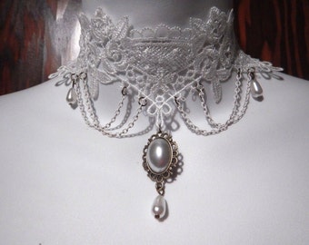 Bridal Gothic Victorian Romance Ivory White Lace & Bead Drop Choker Necklace - L9