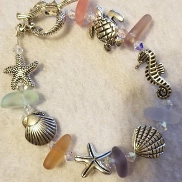 7" Handmade Silver Plated Starfish Sea Shell Seahorse Multi  Sea Glass Bracelet w Mermaid Toggle