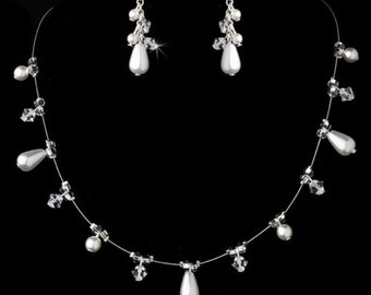 Bridal Crystal & Floating White Teardrop Pearl Illusion Necklace Set