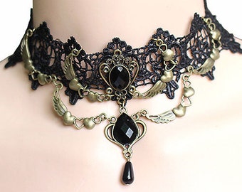 Vintage Victorian Goth Brass Heart Black Crystal Bead Black Lace Choker Necklace #L93