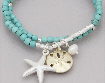 Turquoise Comfort Wear Silver Tone Coastal Style Faux 6mm Pearl Sand Dollar Starfish Charm Stretch Bracelet