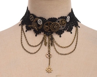 Vintage Steampunk Goth Chain & Gears Black Lace Choker Necklace #SP8