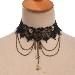 Vintage Steampunk Goth Chain & Gears Black Lace Choker Necklace #SP8