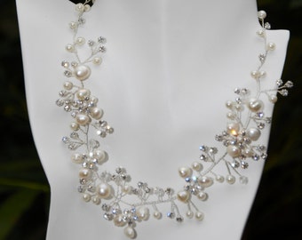 13 b Braut SP Blume Floral Vine in klarem Kristall echte weiße Perlenkette Set