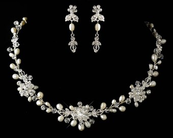 96b Enchanting Bridal SP Freshwater Pearl Crystal Flower Floral Vine Necklace Set