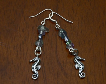 Multi Color Beach Sea Glass Silver Plated Seahorse Earrings