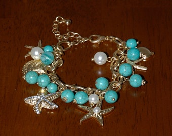 Handmade Gold Plated Starfish Charm Bracelet w Pearls, Turquoise Howlite Beads