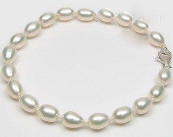 Handmade Classic 925 Sterling Silver 6-7mm White Rice Pearl Bracelet