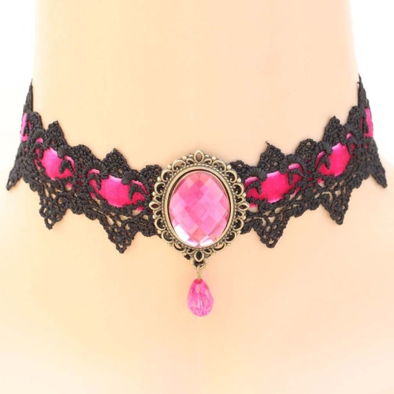 Handmade Victorian Goth Dark Pink Ribbon Crystal Bead Black Lace