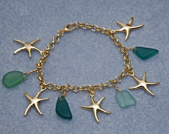 Gold Filled Starfish Teal Green Blue Surf Tumbled Sea Glass Bracelet