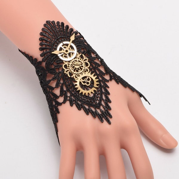 Vintage Steampunk Goth Chain & Gears Black Lace Bracelet